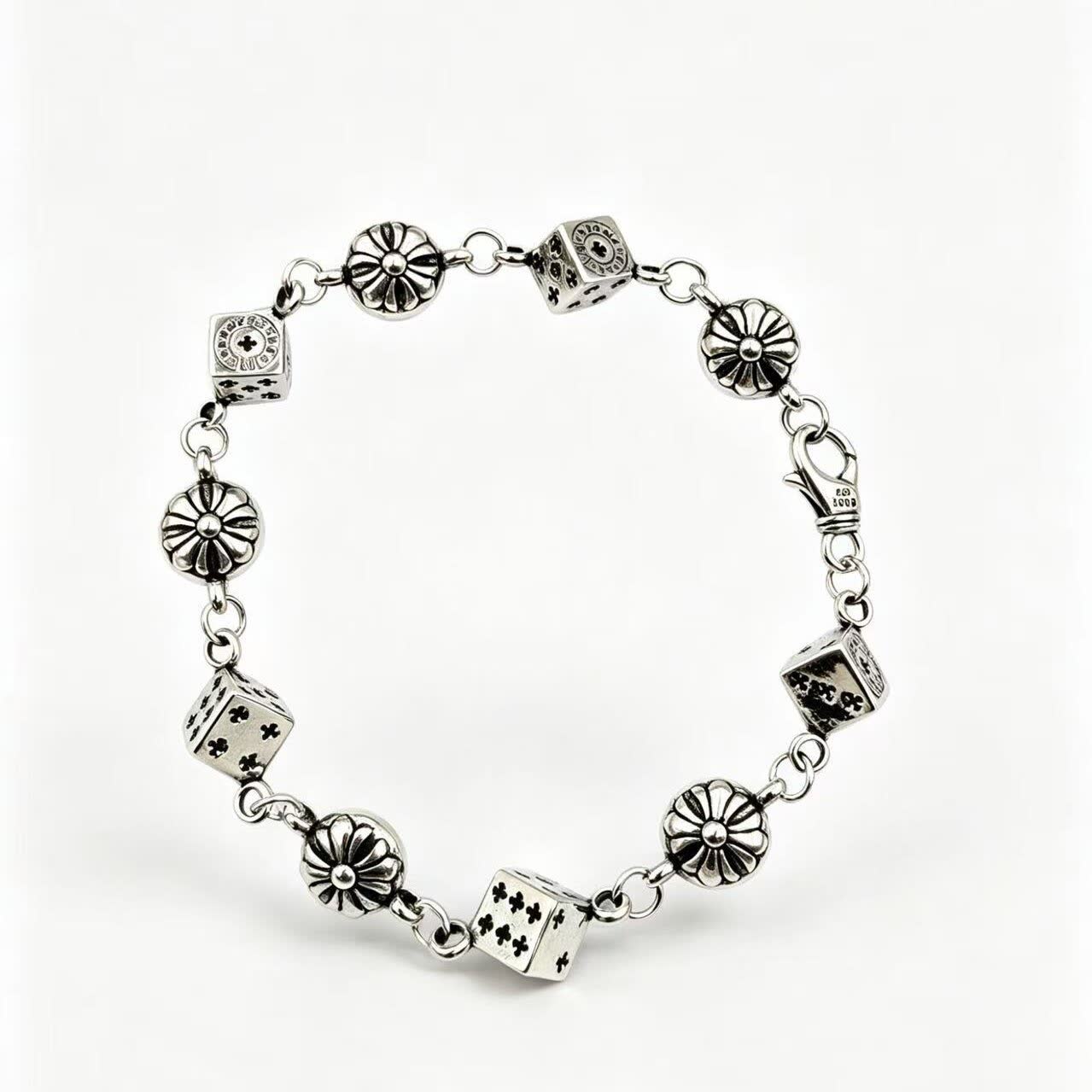 Chrome Hearts Sterling Silver Dice and Flower Charm Bracelet